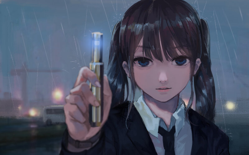 Anime Girl Holding Device — Blue