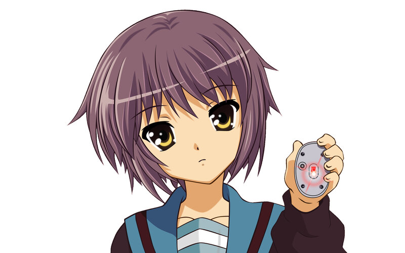 Anime Girl Holding Device — Purple, Neutral, Short Hair