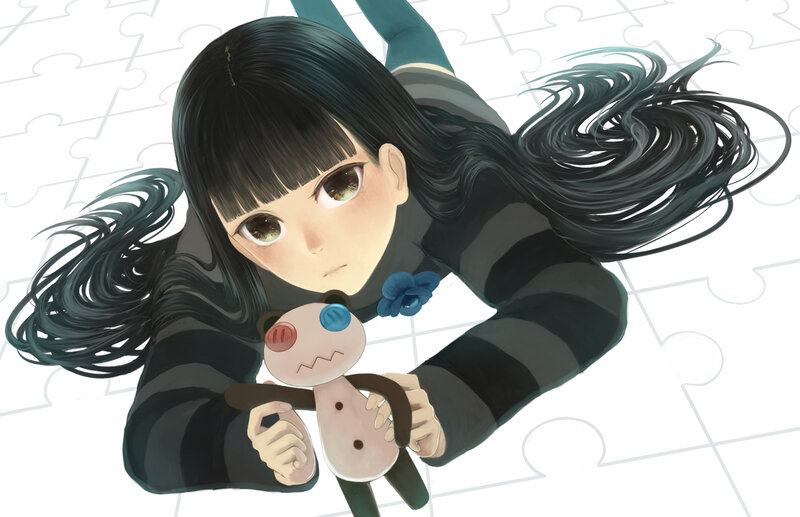 Anime Girl Holding Doll — Black, Calm