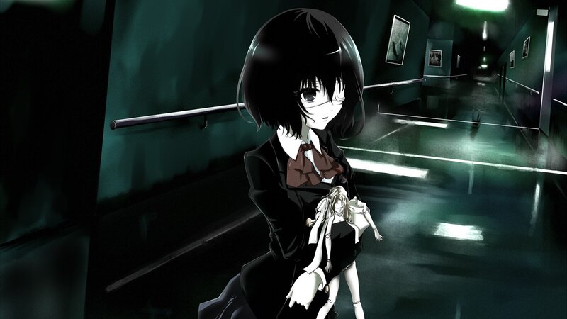 Anime Girl Holding Doll — Black, Dark, Eerie, Night, Hallway