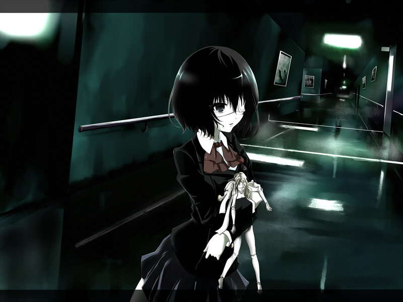 Anime Girl Holding Doll — Black, Dark, Eerie