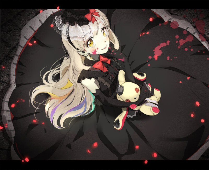 Anime Girl Holding Doll — Black, Dark