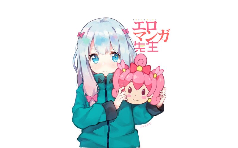 Anime Girl Holding Doll — Blue, Playful