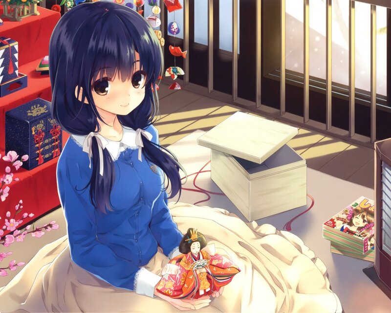 Anime Girl Holding Doll — Blue, Serene