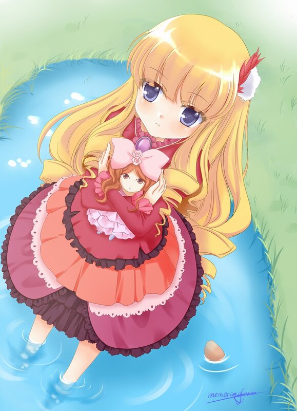 Anime girl holding doll in pond