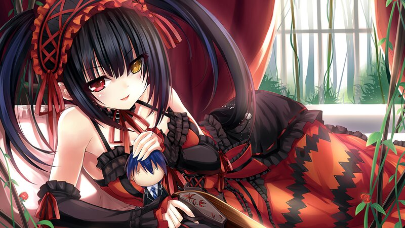 Anime Girl Holding Doll — Red, Calm