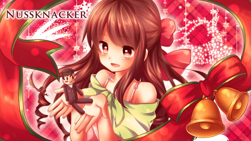 Anime Girl Holding Doll — Red, Festive