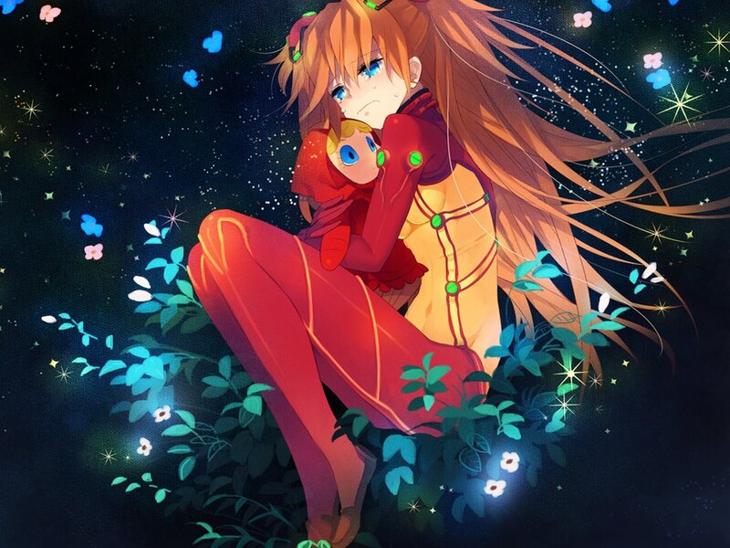 Anime Girl Holding Doll — Red