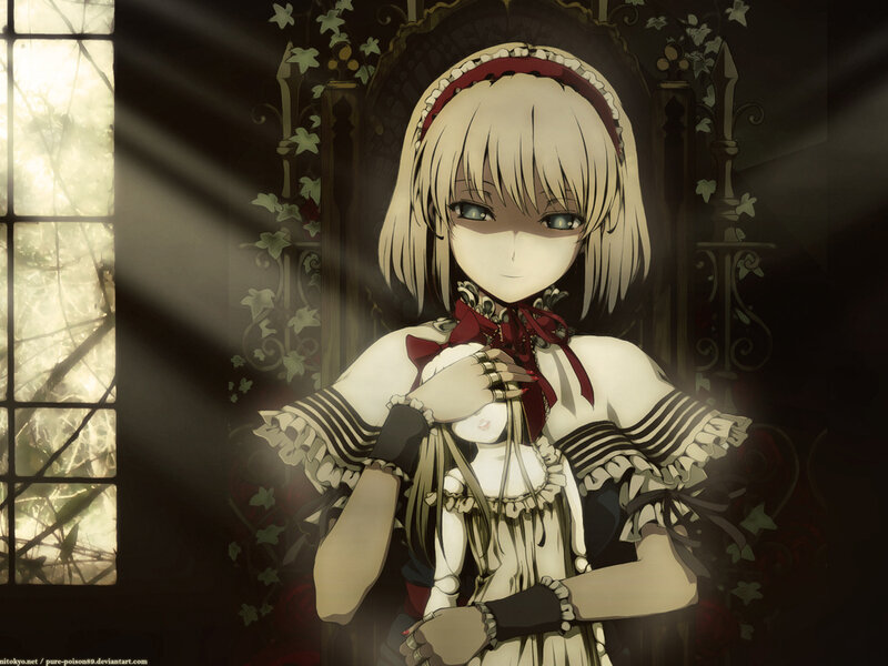 Anime Girl Holding Doll — White, Dramatic
