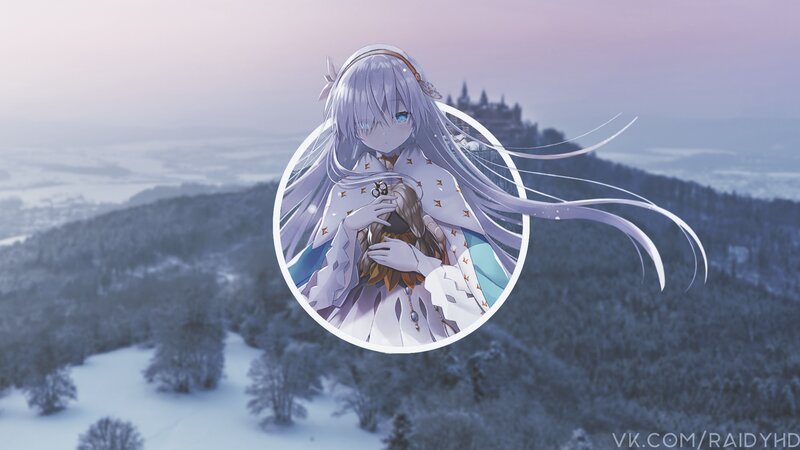 Anime Girl Holding Doll — White, Serene, Winter, Digital Art, Castle