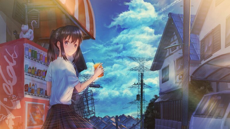 Anime Girl Holding Drink — Blue, Serene