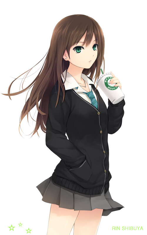 Anime Girl Holding Drink — Brown, Calm, School Uniform, Coffee Cup
