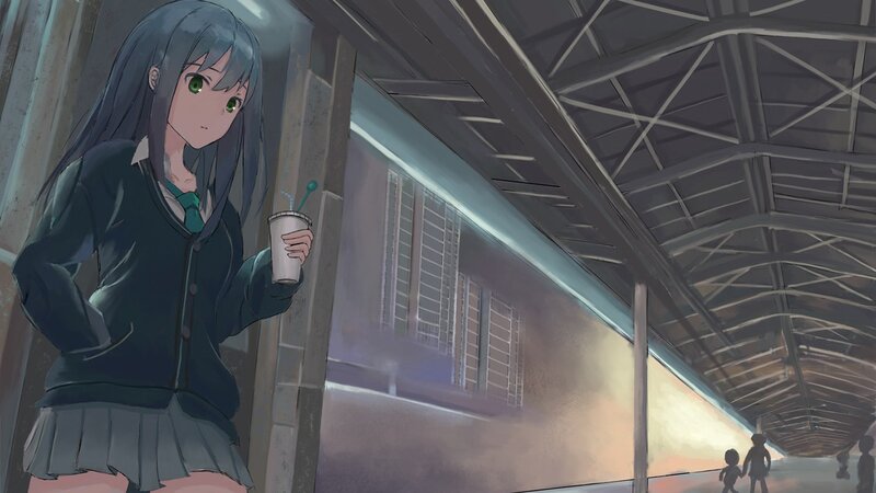 Anime Girl Holding Drink — Gray