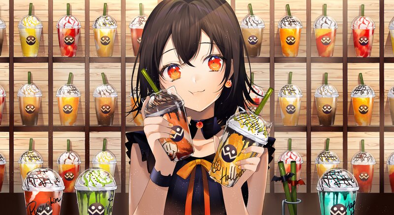 Anime Girl Holding Drinks — Black
