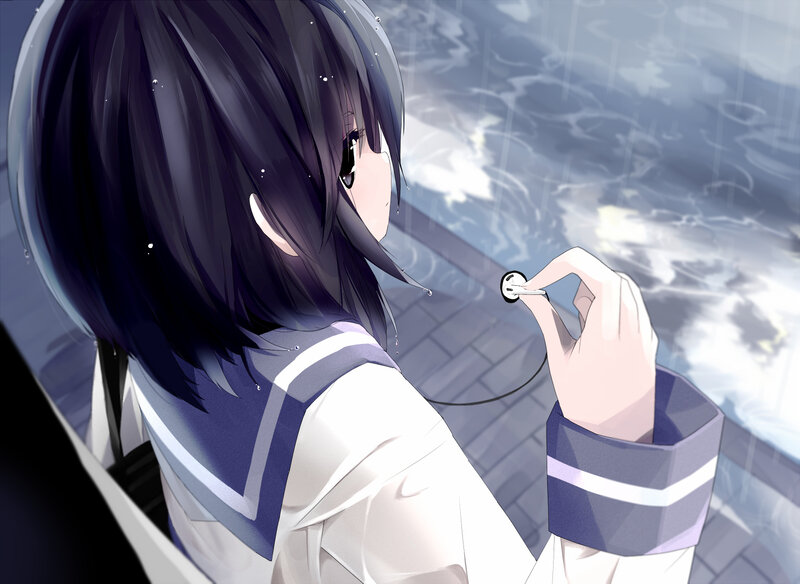 Anime Girl Holding Earbud — Blue