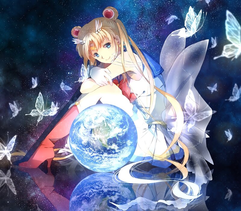 Anime Girl Holding Earth — Blue, Serene