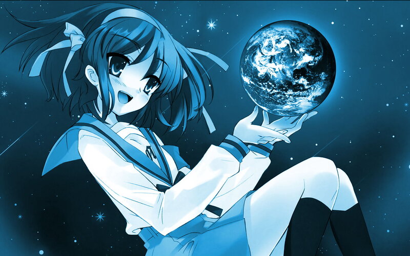 Anime Girl Holding Earth — Blue