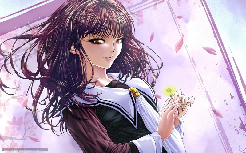 Anime Girl Holding Flower — Purple, Serene, Spring, Manga