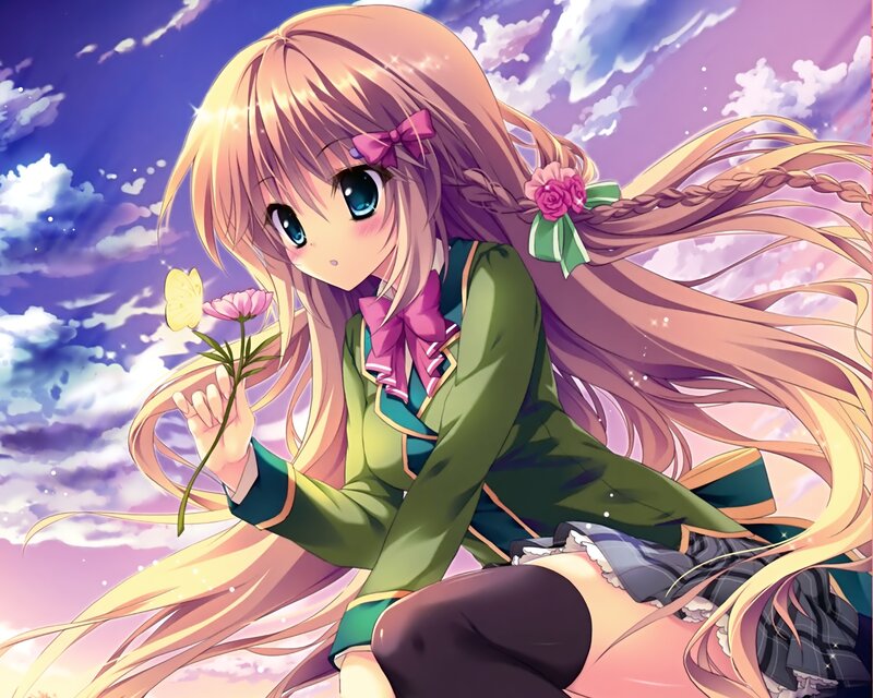 Anime Girl Holding Flower — Purple, Serene, Sunset