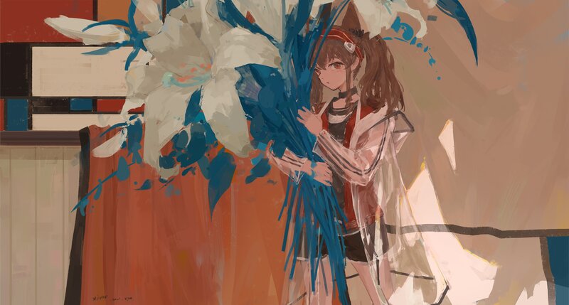Anime Girl Holding Flowers — Blue, Calm, Digital Art