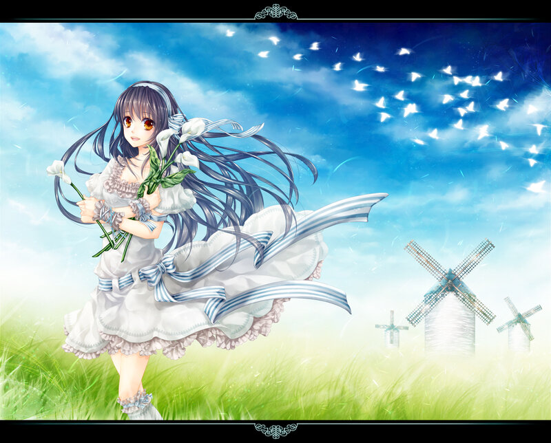 Anime Girl Holding Flowers — Blue, Serene, Afternoon