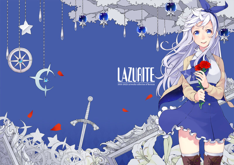 Anime Girl Holding Flowers — Blue, Serene, Digital Art
