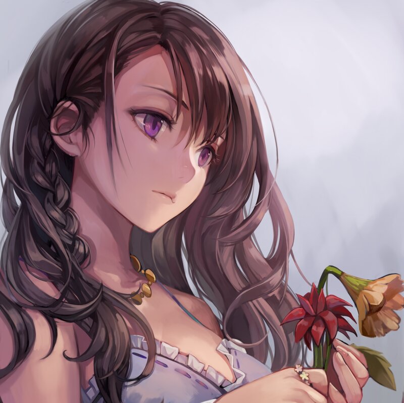 Anime Girl Holding Flowers — Brown, Calm, Digital Art