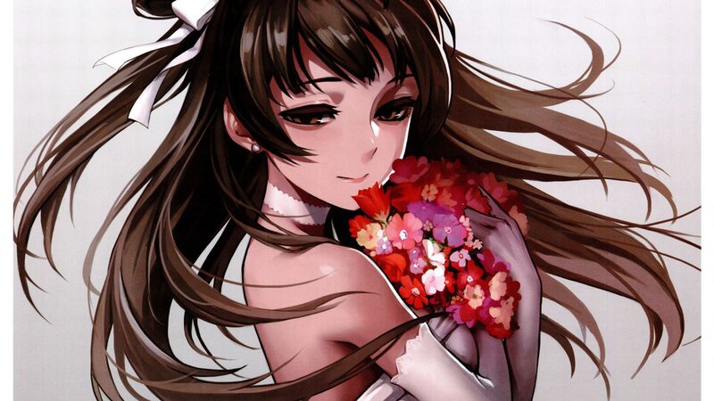 Anime Girl Holding Flowers — Brown, Calm, Manga