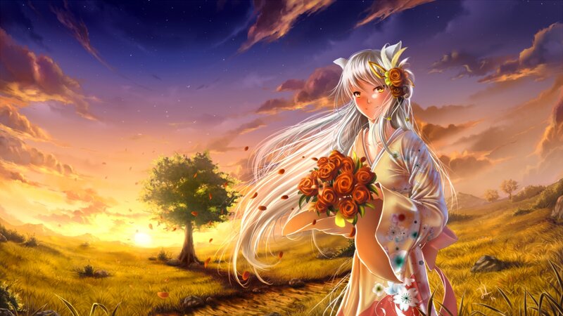 Anime Girl Holding Flowers — Gold
