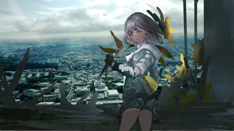 Anime Girl Holding Flowers — Gray, Dramatic