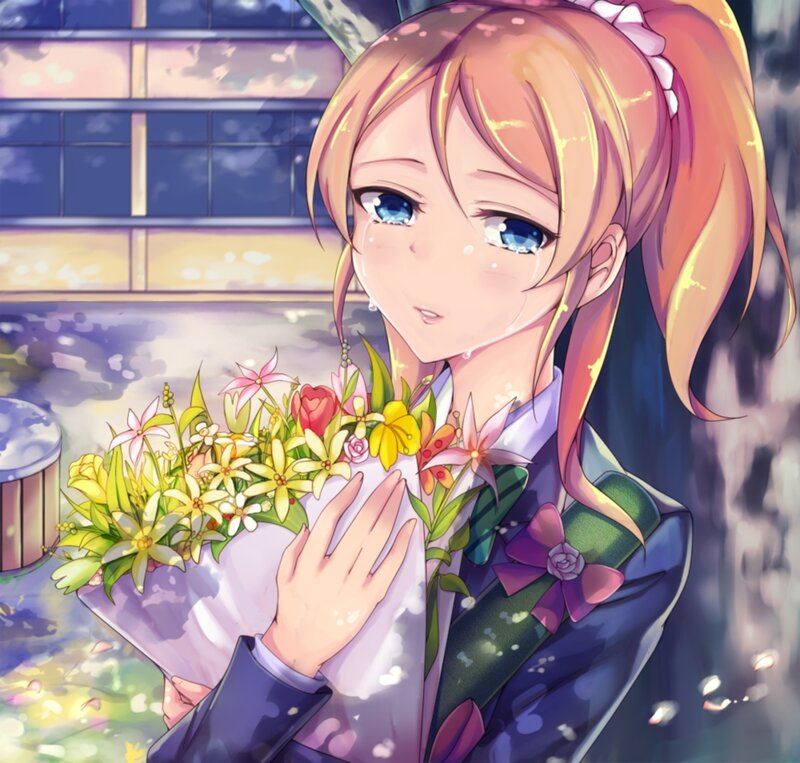 Anime Girl Holding Flowers — Pink, Sentimental