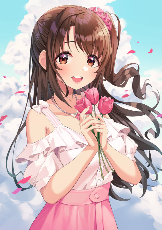 Anime Girl Holding Flowers — Pink, Serene, Afternoon, Clouds