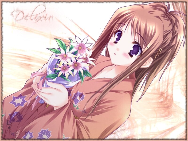 Anime Girl Holding Flowers — Pink, Serene, Afternoon