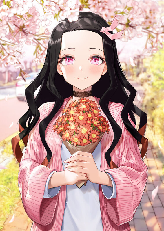Anime Girl Holding Flowers — Pink, Serene, Spring, Cherry Blossoms