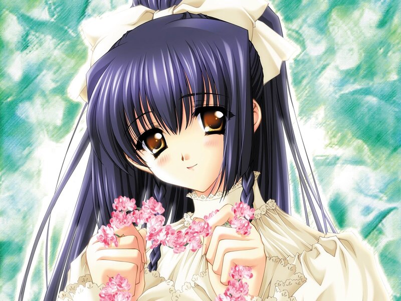 Anime Girl Holding Flowers — Purple, Calm, Dress, Hair Bow