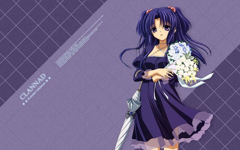 Anime Girl Holding Flowers — Purple, Calm, Umbrella