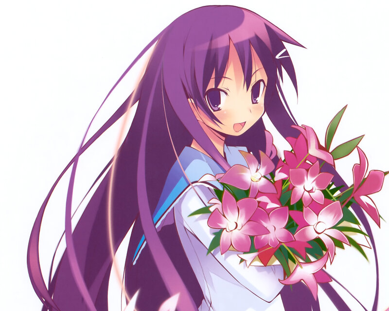 Anime Girl Holding Flowers — Purple, Cheerful
