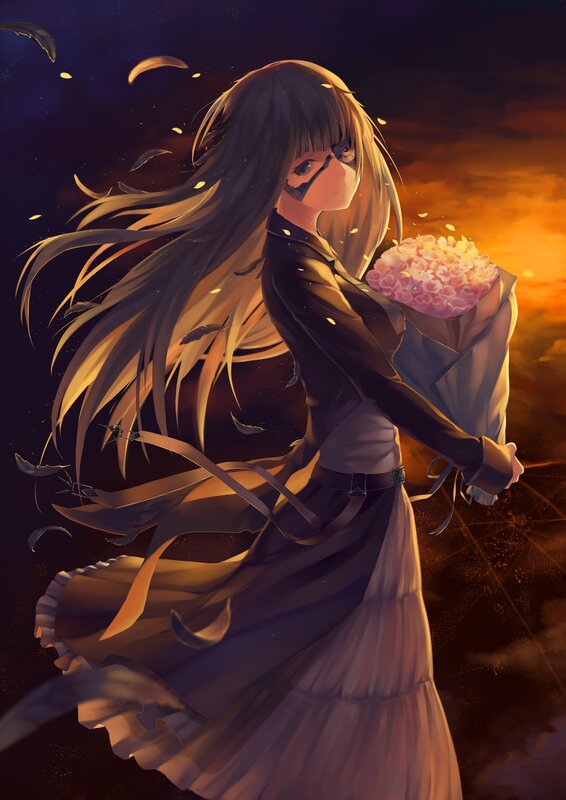 Anime Girl Holding Flowers — Purple, Dramatic