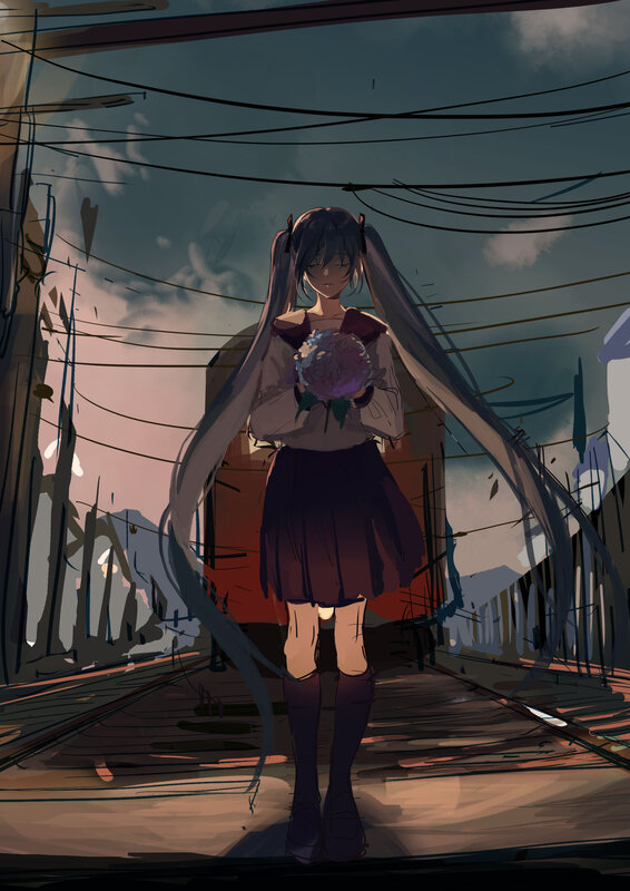 Anime Girl Holding Flowers — Purple, Melancholic, Sunset