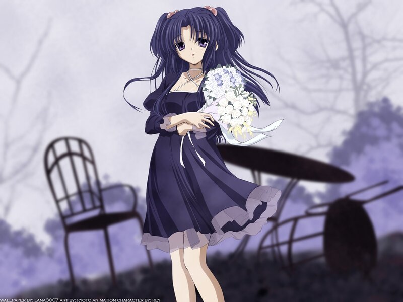 Anime Girl Holding Flowers — Purple, Melancholic