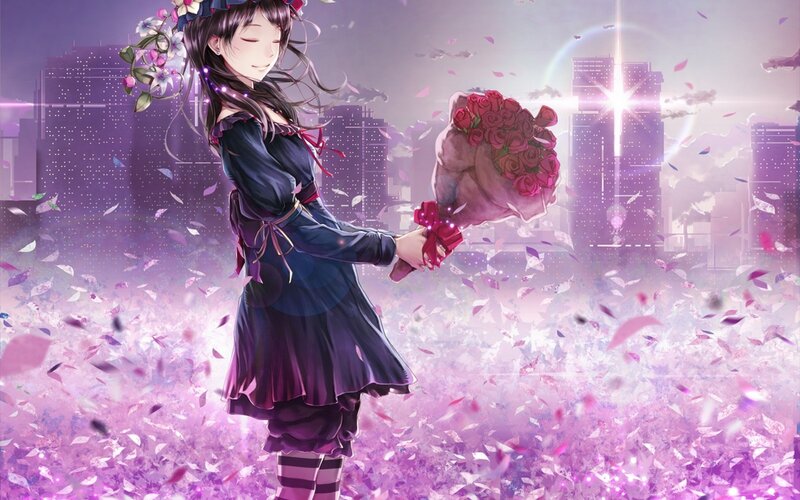 Anime Girl Holding Flowers — Purple, Serene, Night