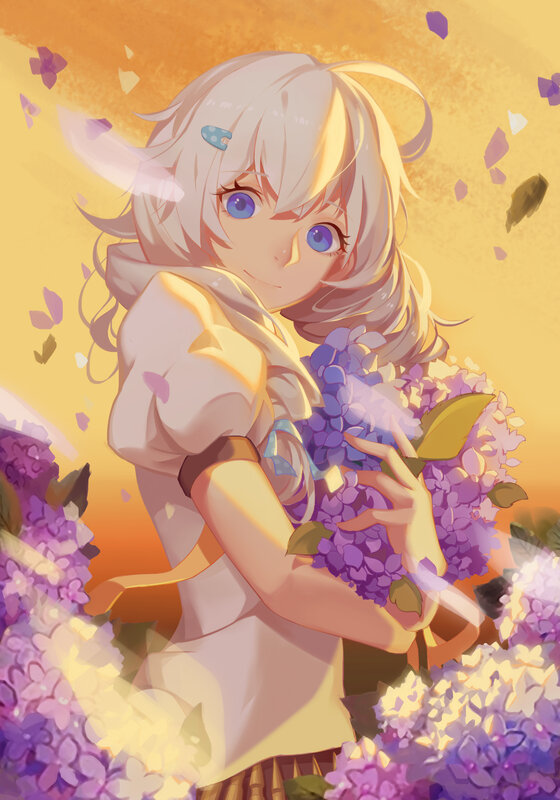 Anime Girl Holding Flowers — Purple, Serene, Sunset