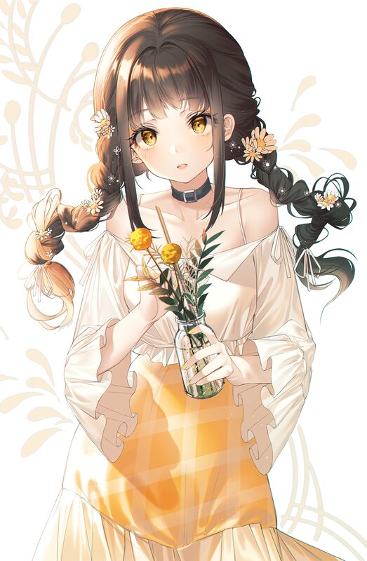 Anime Girl Holding Flowers — White, Serene, Afternoon