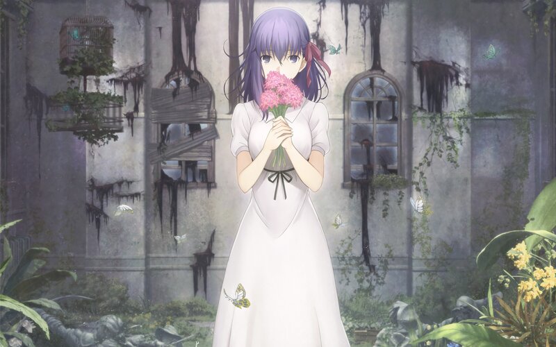 Anime Girl Holding Flowers — White, Serene, Butterflies