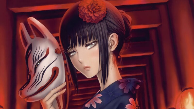 Anime Girl Holding Fox Mask — Red, Dramatic