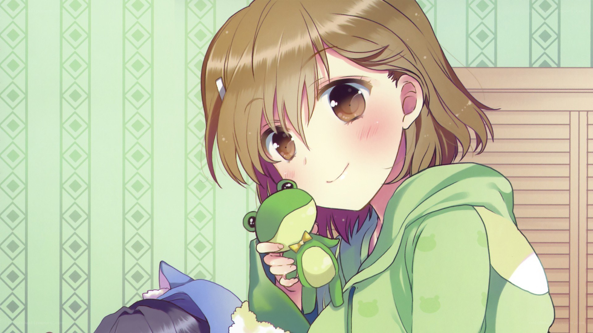 anime girl holding frog plush
