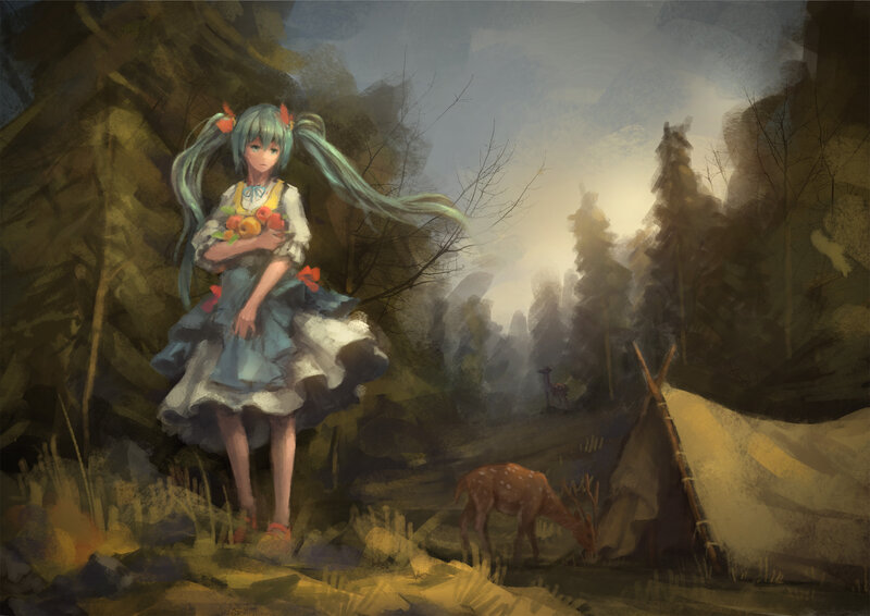 Anime Girl Holding Fruit — Green