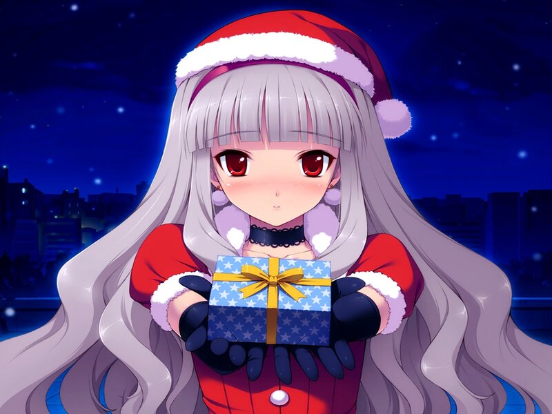Anime Girl Holding Gift — Blue, Festive, Night