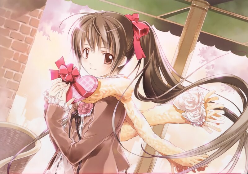 Anime Girl Holding Gift — Brown, Cheerful