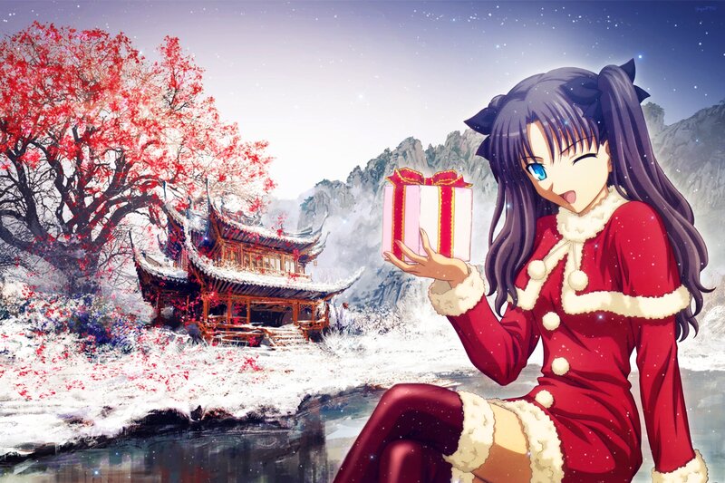 Anime Girl Holding Gift — Red, Festive